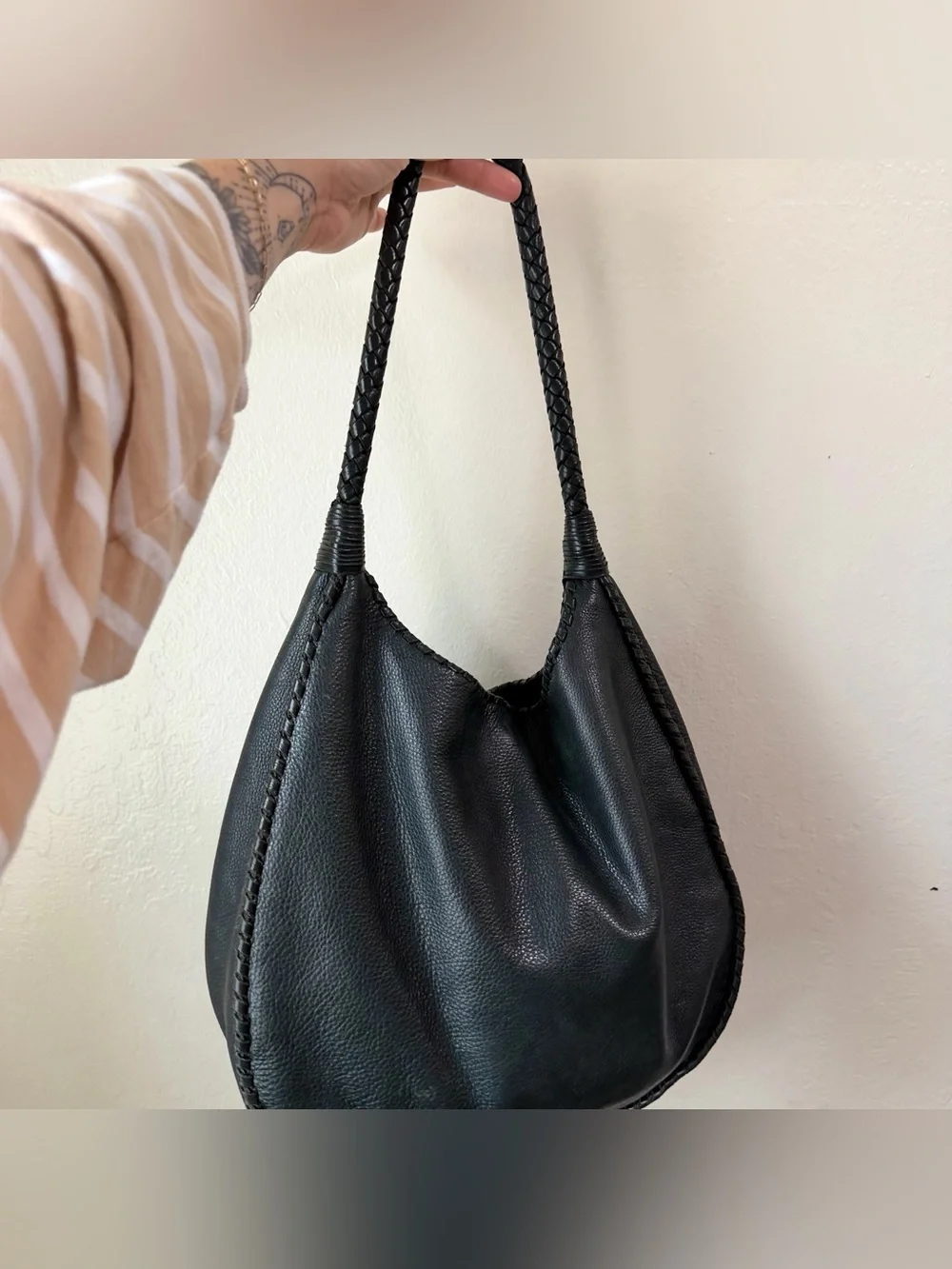 Margot NY Black Pebble Leather Slouchy Hobo Bag Braided Whipstitch Boho Tote